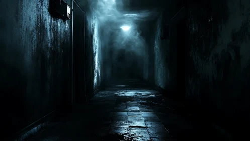 Dark abandoned hallway with mist and single ceiling light.