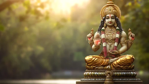 Golden serene deity statue rests in gentle forest light