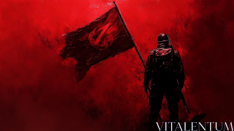 Soldier holds torn flag against textured red background