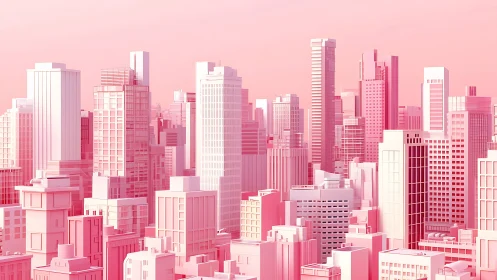 Monochrome pink city skyline with geometric highrise forms.