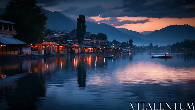Mountain lake village at dusk with glowing shoreline lights.