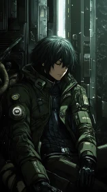 Resting spacefarer in dim cyberpunk corridor glow.