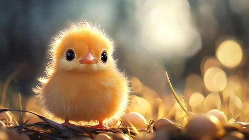 Tiny Golden Chick Radiates Sunlit Charm in Cozy Nest.