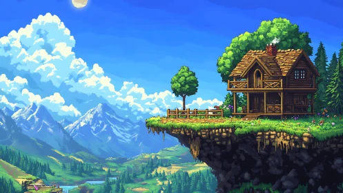 Floating Manor House Overlooking Alpine Valley. Pixel art landscape.