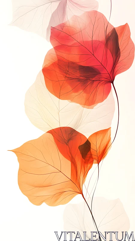 Translucent botanical leaves in vertical watercolor composition.