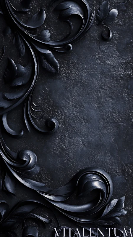 Graceful dark floral scrollwork curls across textured stone
