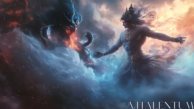 Mythic humanoid and shadow creature in clouded conflict.