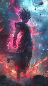 Saiyan warrior ignites cosmic storm with dual energy aura.