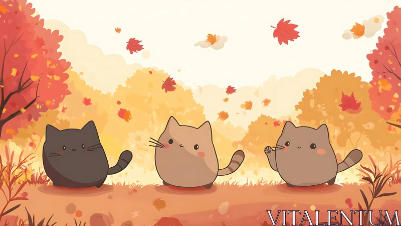Three Cute Cats Waving in Autumn Forest.