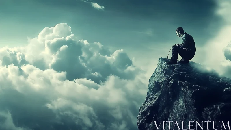 Solitary man on stormy summit above dramatic clouds.