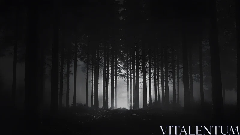 Forest avenue with tall conifers in mist.