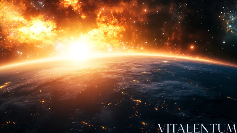 Orbital sunrise over illuminated Earth with stellar flare field