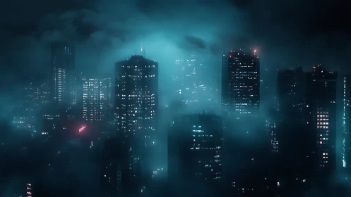 Neon-lit highrise skyline veiled in cinematic cyan fog.