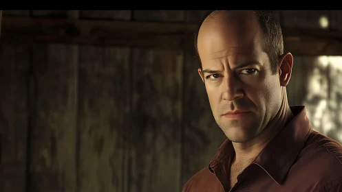 Intense middle-aged man under warm rustic side lighting.