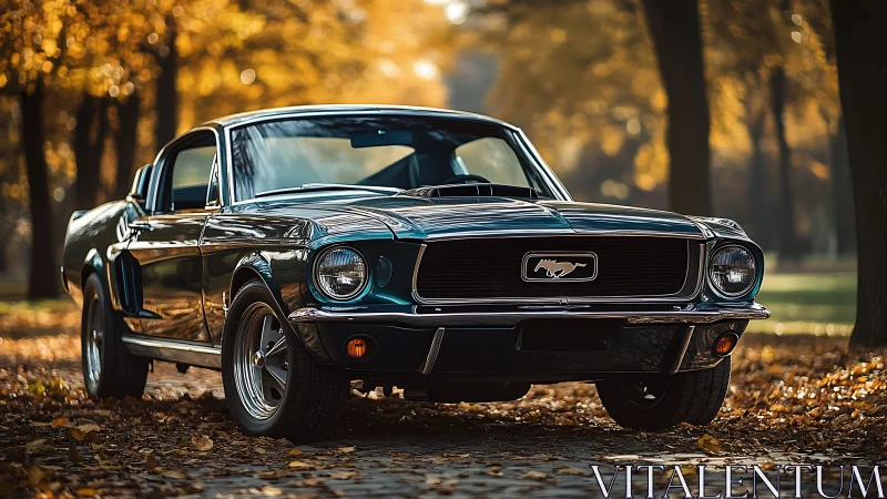 Classic Ford Mustang fastback parked on a leafy autumn road
