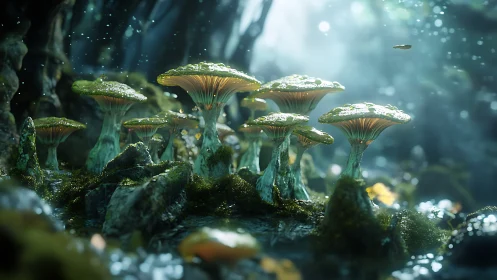 Bioluminescent forest mushrooms glow through misty backlight