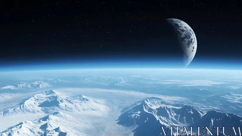 Icy planetary landscape under crescent moon in space.