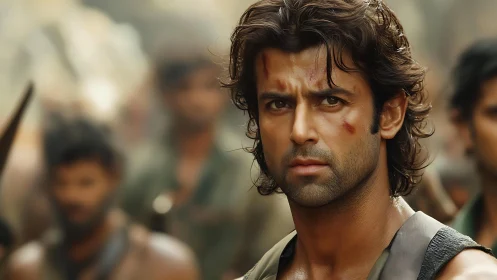 Battle worn man staring forward in tense outdoor crowd.