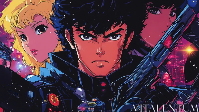 Armed anime trio stands against neon city skyline at night