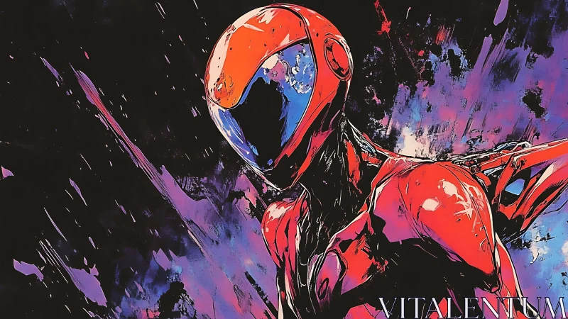 Red armored humanoid figure in abstract cosmic environment.