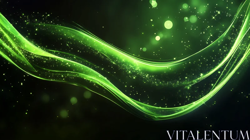 Luminous green energy ribbons arc through cosmic darkness.