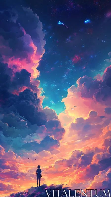 Silhouette child under vivid cosmic sky and glowing clouds.