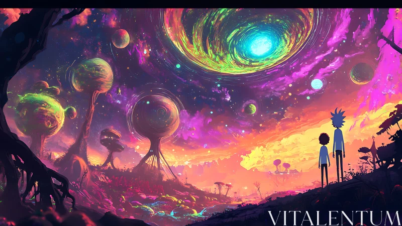 Vibrant alien landscape with vortex sky observed by silhouetted duo