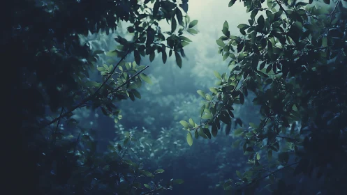 Forest canopy framed by leafy branches in muted light.