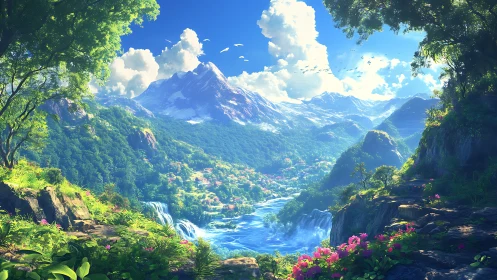 Lush river valley with waterfalls and distant snowy peaks.