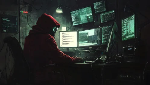 Hooded hacker bends over glowing monitors in a tense cyber lair