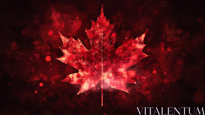 Digital maple leaf emblem with luminous bokeh field.