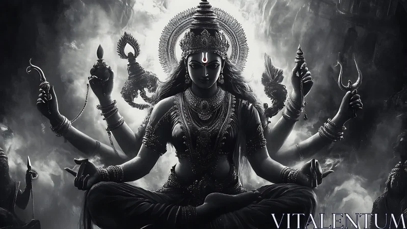 Monochrome divine warrior goddess in radial digital composition.