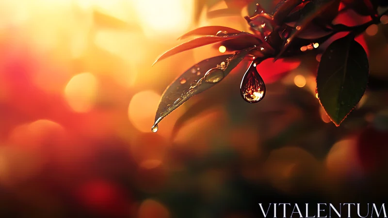 Sunlit dew drop resting on autumn-touched leaves at dusk.