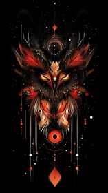 Celestial fire owl totem in abstract geometric symmetry.