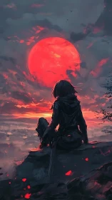 Silhouetted figure on cliff facing oversized red sun.