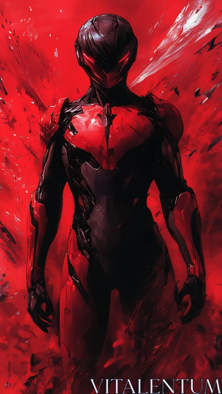 Crimson void sentinel strides through a storm of shattered light.