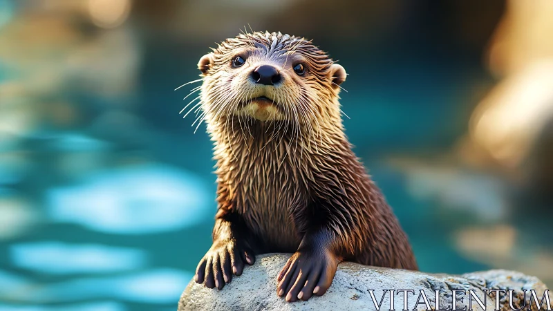Photorealistic river otter on rock, shallow DOF, warm light.