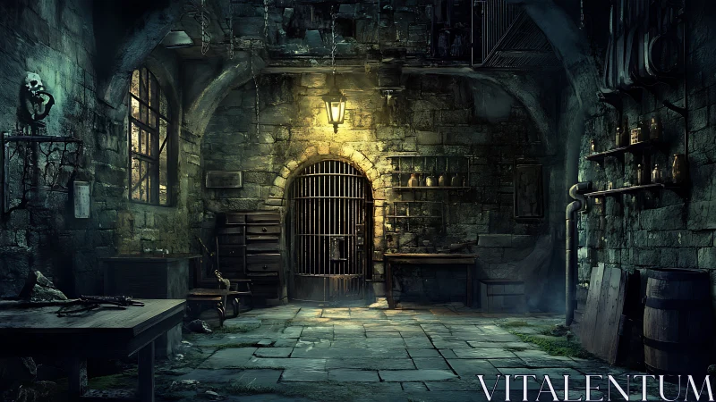 Dungeon alchemist&rsquo;s workshop under lantern glow at gate.