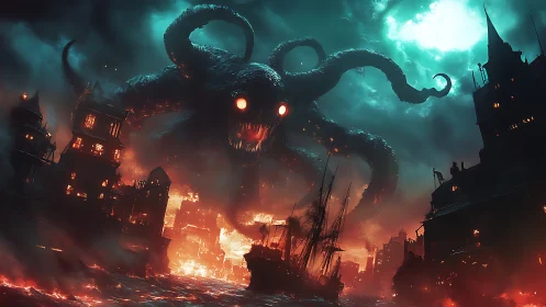Giant tentacled sea monster attacks burning coastal city.