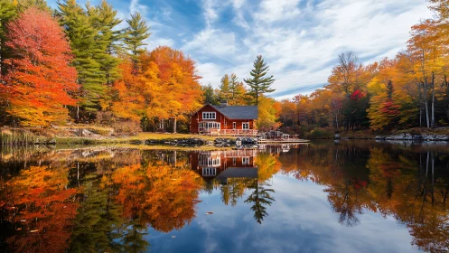 Lakeside cabin mirrored in vibrant autumn forest panorama.