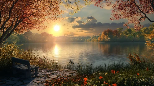 Sunset over calm forest lake with empty wooden bench.