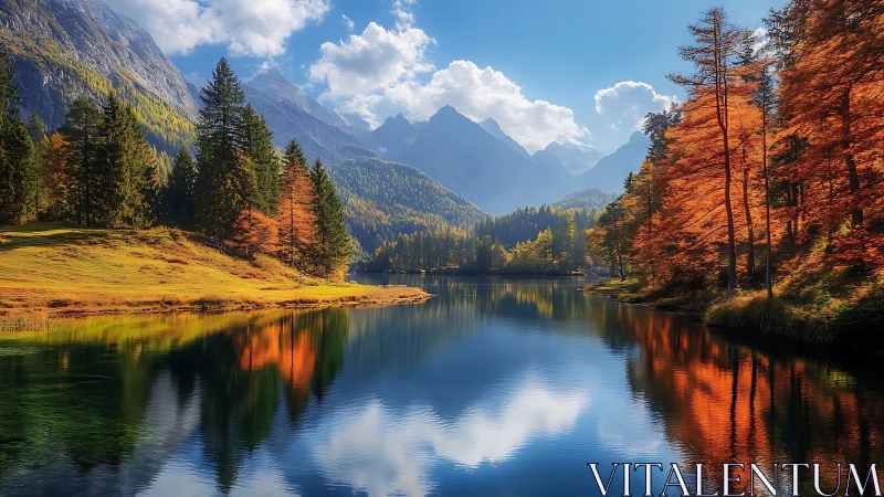 Mountain lake with autumn forest reflections at midday.