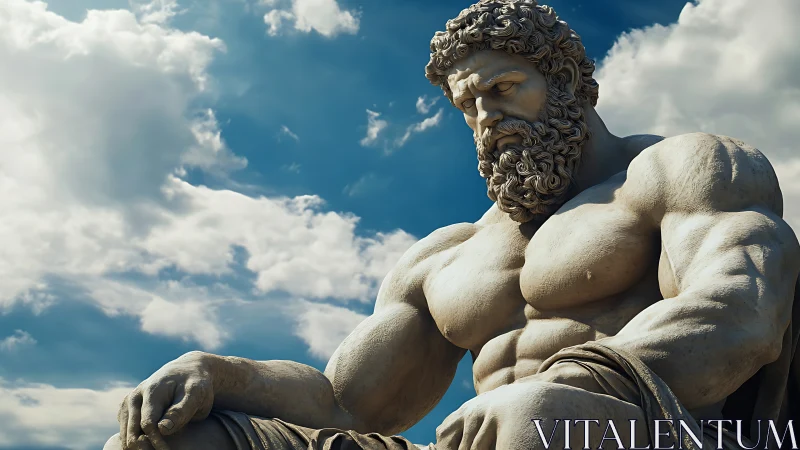 Colossal classical stone statue under dramatic sky.
