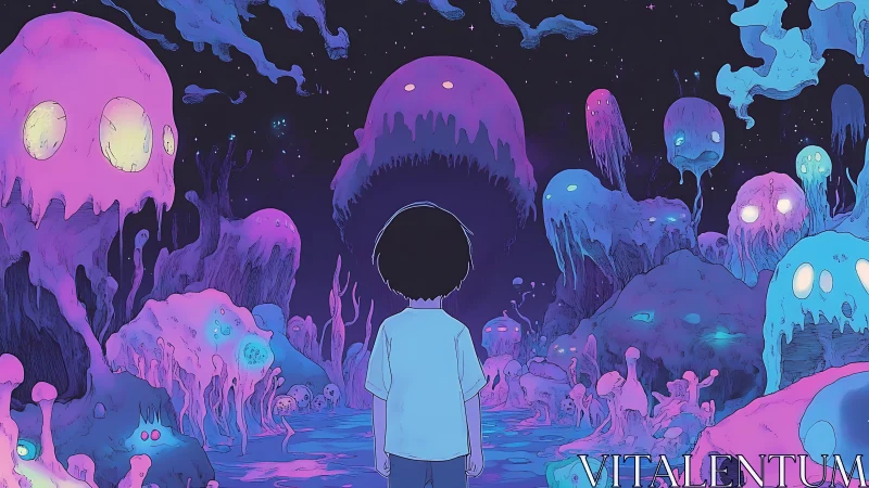 Child observing luminescent jellylike forms in alien landscape.