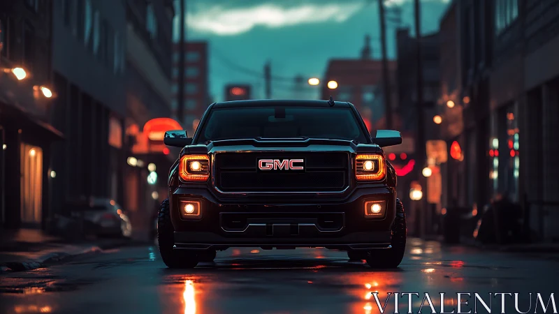 GMC pickup truck dominates wet urban street at dusk.