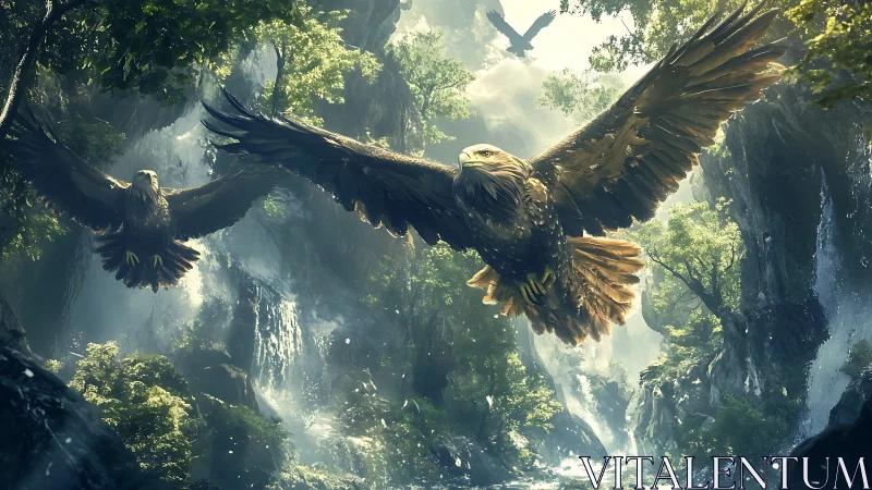 Majestic Eagles Soaring Over Lush Waterfall in Fantasy Art Style.