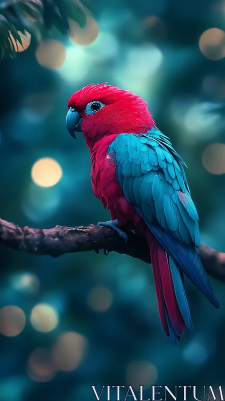 Vivid red blue parrot perched against teal bokeh forest.