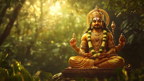 Golden Hindu deity statue in meditative forest light.