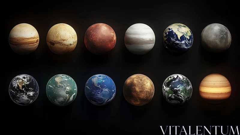 Rendered planetary spheres arranged in two aligned rows