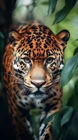 Gentle jaguar gaze emerging from lush green jungle.